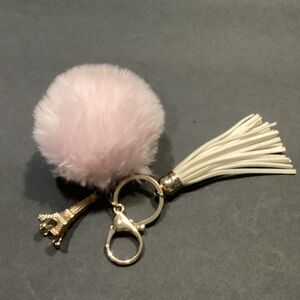 Pink Faux Fur Pom Pom Keychain with Ivory Tassel and Gold Eiffel Charm